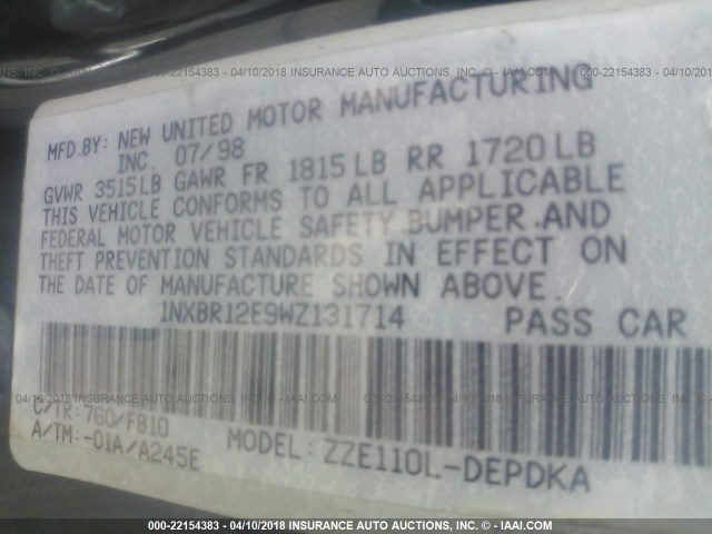 1NXBR12E9WZ131714 - 1998 TOYOTA COROLLA VE/CE/LE 蓝色 照片 9