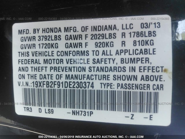 19XFB2F91DE230374 - 2013 HONDA CIVIC EXL BLACK photo 9