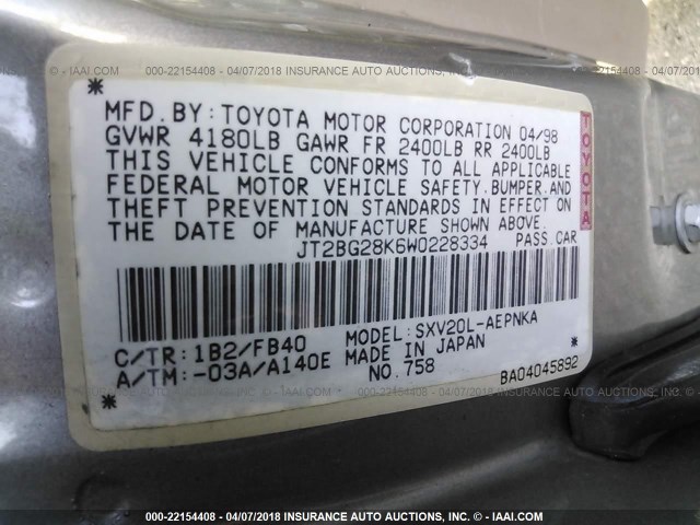 JT2BG28K6W0228334 - 1998 TOYOTA CAMRY LE/XLE Grau Foto 9