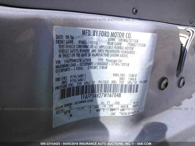 1FAFP34N27W167048 - 2007 FORD FOCUS ZX4/S/SE/SES SILVER photo 9