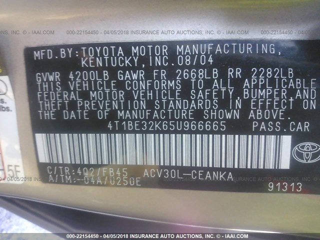 4T1BE32K65U966665 - 2005 TOYOTA CAMRY LE/XLE/SE Қоңыр фото 9