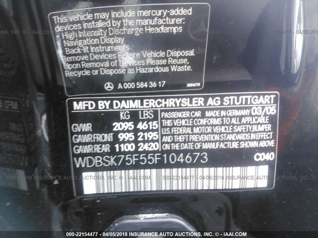 WDBSK75F55F104673 - 2005 MERCEDES-BENZ SL 500 BLACK photo 9