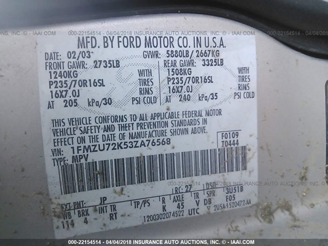 1FMZU72K53ZA76568 - 2003 FORD EXPLORER XLS/XLS SPORT SILVER photo 9