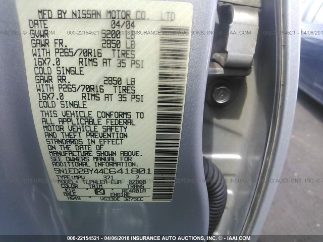 5N1ED28Y44C641801 - 2004 NISSAN XTERRA XE/SE SILVER photo 9