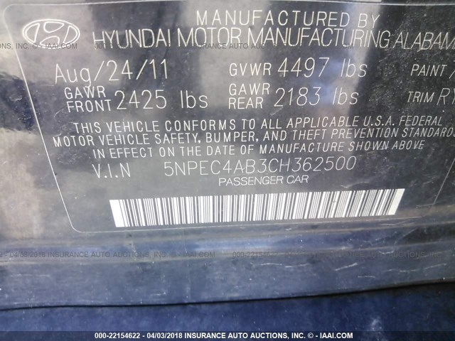 5NPEC4AB3CH362500 - 2012 HYUNDAI SONATA SE/LIMITED BLACK photo 9