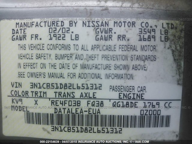 3N1CB51D82L651312 - 2002 NISSAN SENTRA XE/GXE GRAY photo 9