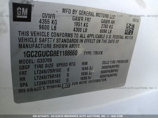 1GCZGUCG8E1188660 - 2014 CHEVROLET EXPRESS G3500  WHITE photo 9