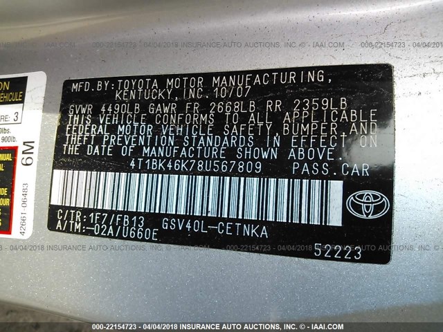 4T1BK46K78U567809 - 2008 TOYOTA CAMRY LE/XLE/SE SILVER photo 9