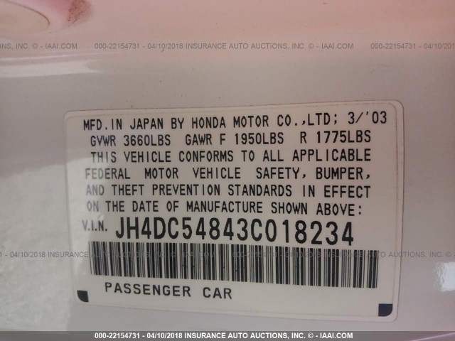 JH4DC54843C018234 - 2003 ACURA RSX WHITE photo 9