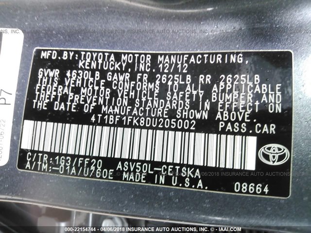 4T1BF1FK8DU205002 - 2013 TOYOTA CAMRY L/SE/LE/XLE 灰色 照片 9