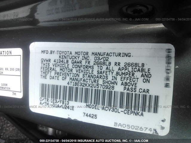 4T1BE32KX2U570928 - 2002 TOYOTA CAMRY LE/XLE/SE ნაცრისფერი ფოტო 9