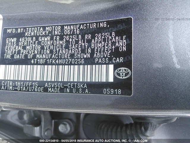 4T1BF1FK4HU270256 - 2017 TOYOTA CAMRY LE/XLE/SE/XSE GRAY photo 9