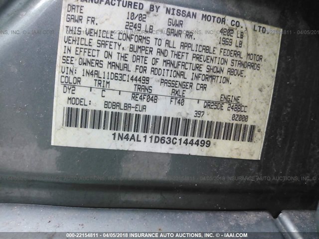 1N4AL11D63C144499 - 2003 NISSAN ALTIMA S/SL GREEN photo 9