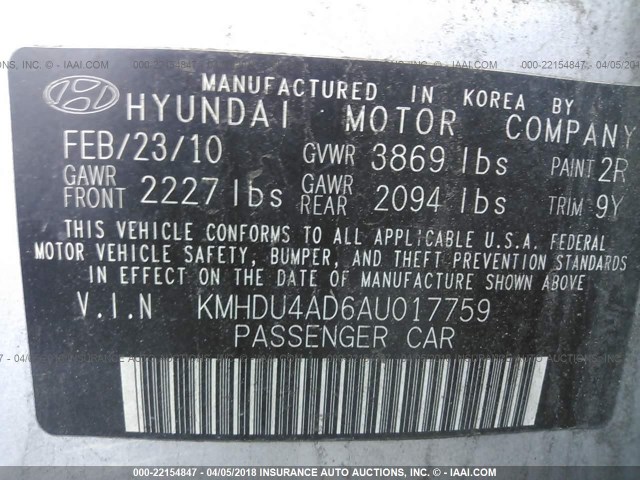 KMHDU4AD6AU017759 - 2010 HYUNDAI ELANTRA BLUE/GLS/SE SILVER photo 9