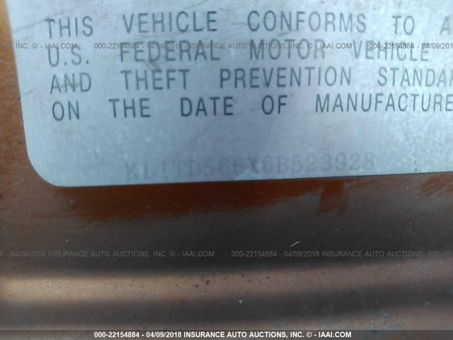 KL1TD566X6B523928 - 2006 CHEVROLET AVEO LS ORANGE photo 9