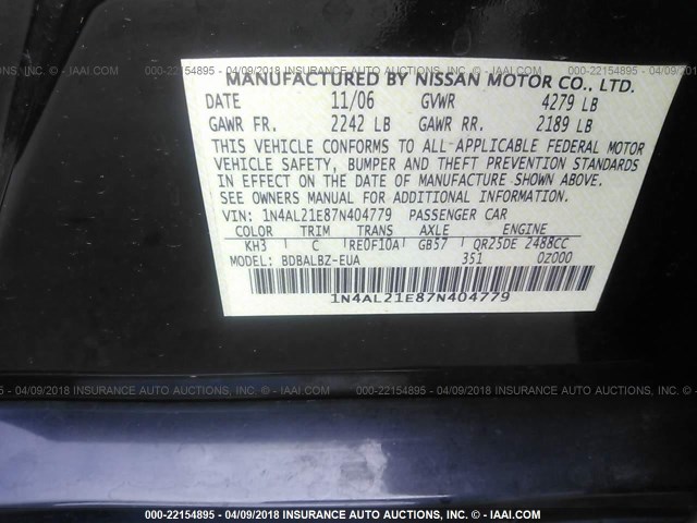 1N4AL21E87N404779 - 2007 NISSAN ALTIMA 2.5/2.5S BLACK photo 9