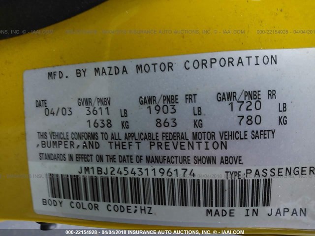 JM1BJ245431196174 - 2003 MAZDA PROTEGE PR5 黄色 照片 9