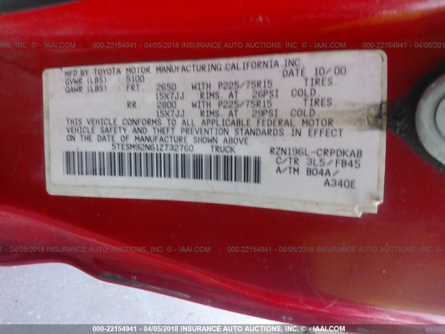 5TESM92N61Z732760 - 2001 TOYOTA TACOMA XTRACAB PRERUNNER RED photo 9