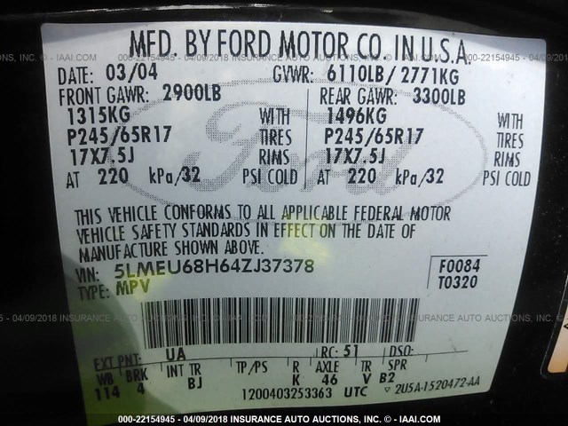 5LMEU68H64ZJ37378 - 2004 LINCOLN AVIATOR 黑色 照片 9