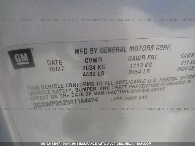 2G2WP552581164474 - 2008 PONTIAC GRAND PRIX ვერცხლისფერი ფოტო 9