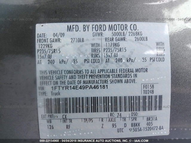 1FTYR14E49PA46181 - 2009 FORD RANGER SUPER CAB GRAY photo 9