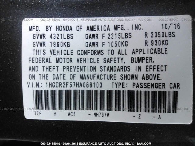 1HGCR2F57HA088103 - 2017 HONDA ACCORD SPORT 灰色 照片 9