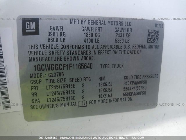 1GCWGGCF1F1165640 - 2015 CHEVROLET EXPRESS G2500  WHITE photo 9