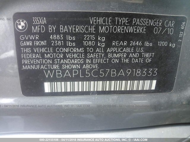 WBAPL5C57BA918333 - 2011 BMW 335 XI GRAY photo 9