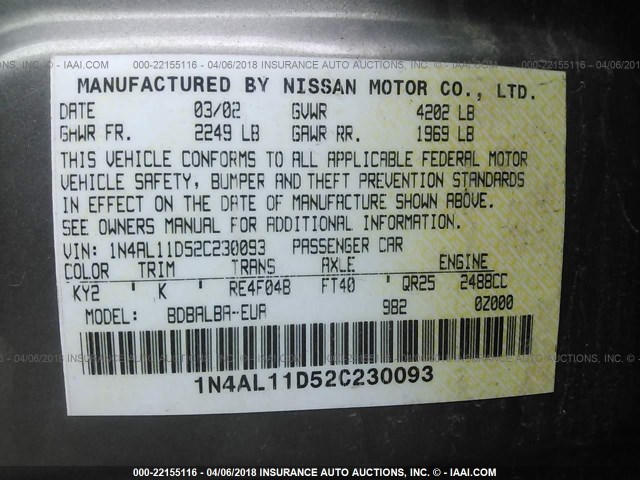 1N4AL11D52C230093 - 2002 NISSAN ALTIMA S/SL TAN photo 9