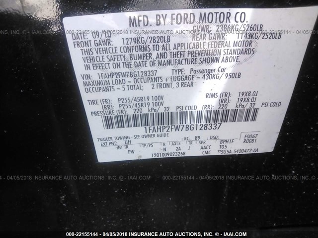 1FAHP2FW7BG128337 - 2011 FORD TAURUS LIMITED BLACK photo 9