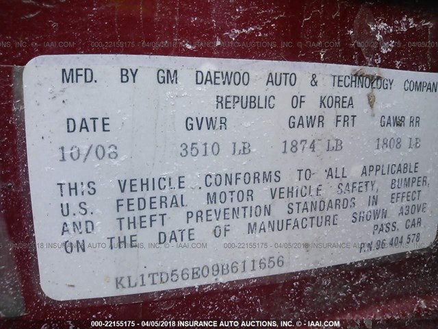 KL1TD56E09B611656 - 2009 CHEVROLET AVEO LS/LT 红色 照片 9