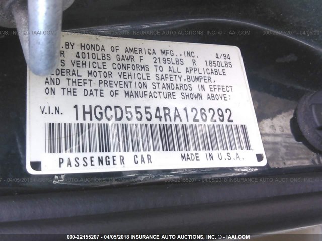 1HGCD5554RA126292 - 1994 HONDA ACCORD EX/EX-R GREEN photo 9