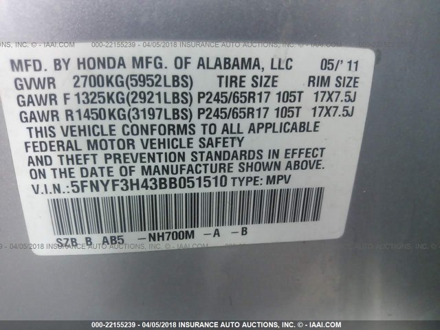 5FNYF3H43BB051510 - 2011 HONDA PILOT EX SILVER photo 9