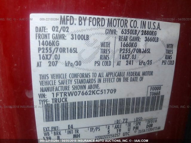 1FTRW07662KC51709 - 2002 FORD F150 SUPERCREW RED photo 9