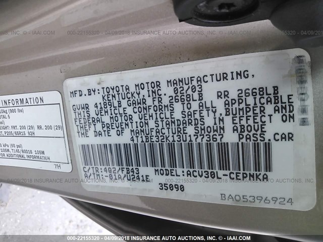 4T1BE32K13U177367 - 2003 TOYOTA CAMRY LE/XLE/SE Qızıl foto 9