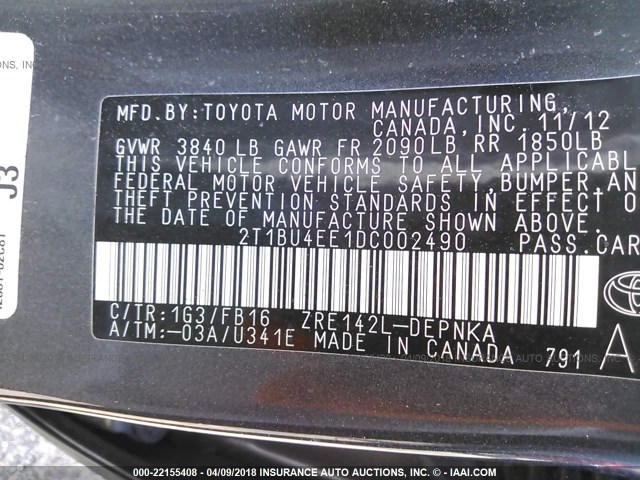 2T1BU4EE1DC002490 - 2013 TOYOTA COROLLA S/LE GRAY photo 9