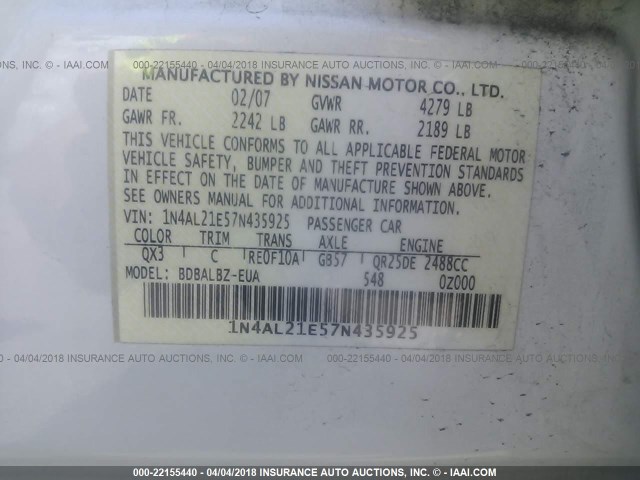 1N4AL21E57N435925 - 2007 NISSAN ALTIMA 2.5/2.5S WHITE photo 9