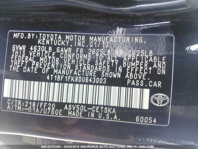 4T1BF1FK8DU643003 - 2013 TOYOTA CAMRY L/SE/LE/XLE BLACK photo 9