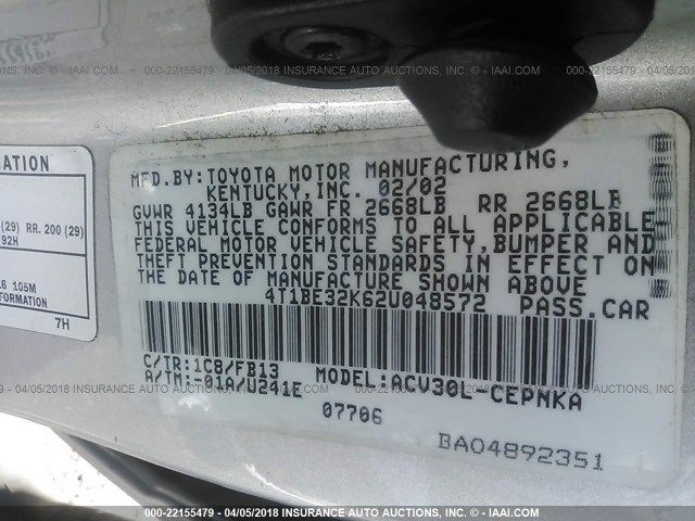 4T1BE32K62U048572 - 2002 TOYOTA CAMRY LE/XLE/SE 银色 照片 9