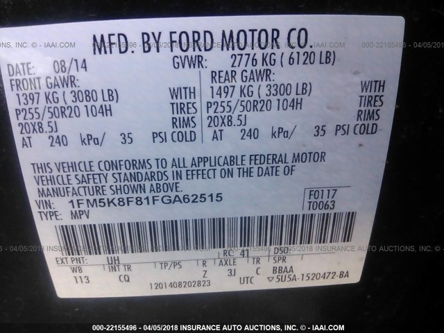 1FM5K8F81FGA62515 - 2015 FORD EXPLORER LIMITED 黑色 照片 9