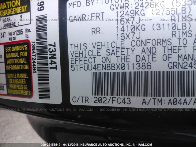 5TFUU4EN8BX011386 - 2011 TOYOTA TACOMA ACCESS CAB Schwarz Foto 9