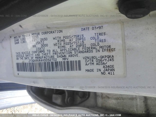 JT3GN86R4V0052702 - 1997 TOYOTA 4RUNNER SR5 WHITE photo 9