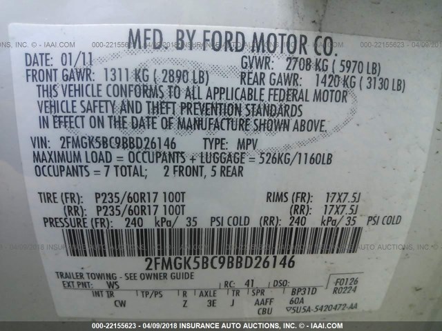 2FMGK5BC9BBD26146 - 2011 FORD FLEX SE WHITE photo 9