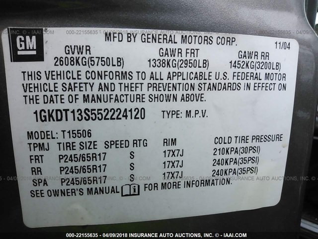 1GKDT13S552224120 - 2005 GMC ENVOY GRAY photo 9