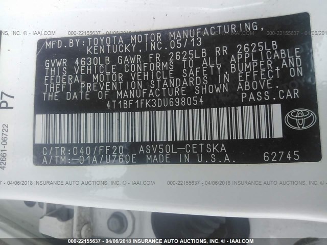4T1BF1FK3DU698054 - 2013 TOYOTA CAMRY L/SE/LE/XLE WHITE photo 9