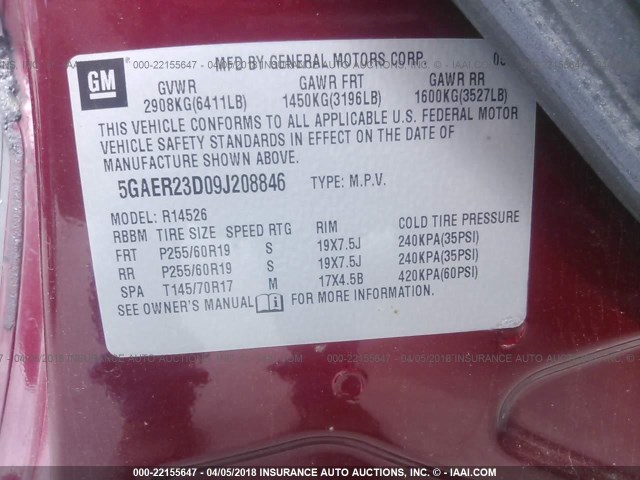 5GAER23D09J208846 - 2009 BUICK ENCLAVE CXL RED photo 9