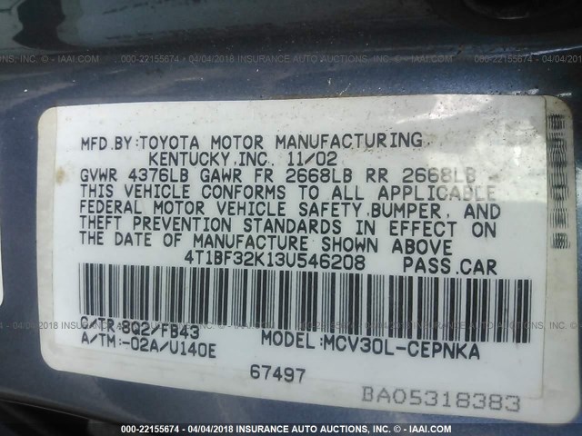 4T1BF32K13U546208 - 2003 TOYOTA CAMRY LE/XLE/SE Light Blue photo 9