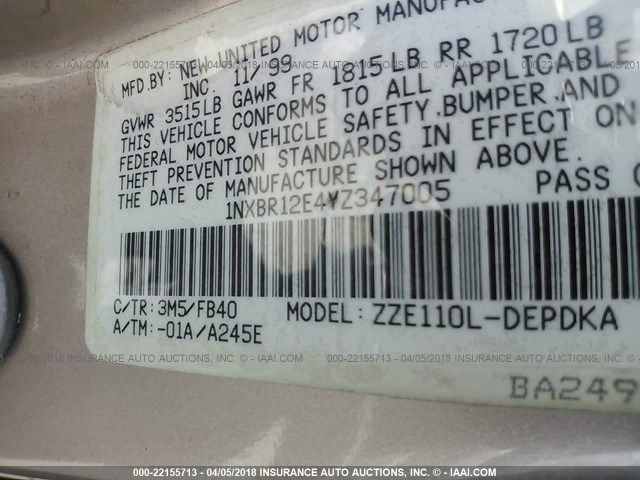 1NXBR12E4YZ347005 - 2000 TOYOTA COROLLA VE/CE/LE SILVER photo 9