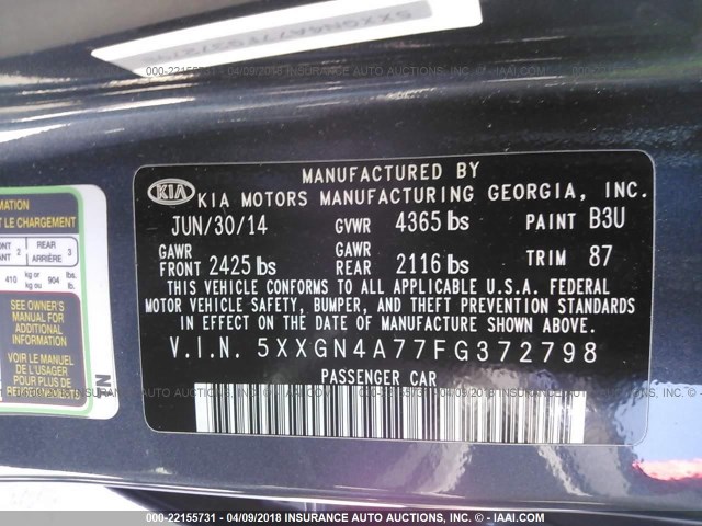 5XXGN4A77FG372798 - 2015 KIA OPTIMA EX GRAY photo 9