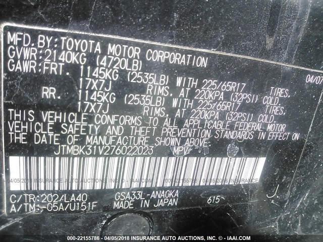 JTMBK31V276022023 - 2007 TOYOTA RAV4 LIMITED BLACK photo 9